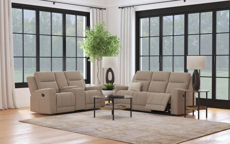 Brentwood 2-piece taupe upholstered reclining sofa set front view