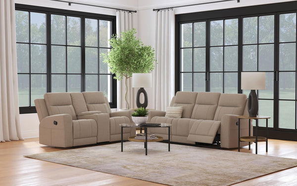 Brentwood 2-piece taupe upholstered reclining sofa set front view