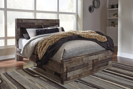 Derekson Multi Gray Queen Panel Bed front view showing headboard and storage drawers