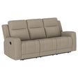 Brentwood taupe upholstered manual motion reclining sofa front view