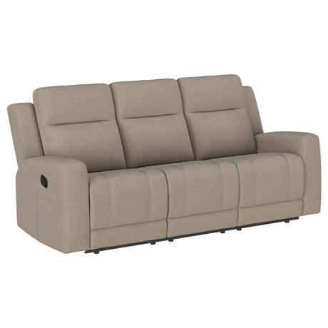Brentwood taupe upholstered manual motion reclining sofa front view