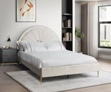 Flora beige velvet upholstered queen platform bed, front view with LED headboard lighting