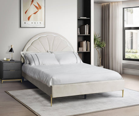 Flora beige velvet upholstered queen platform bed, front view with LED headboard lighting