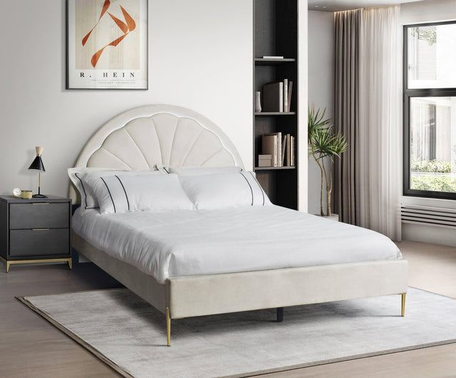 Flora beige velvet upholstered queen platform bed, front view with LED headboard lighting