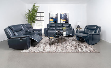 Sloane 3-piece blue upholstered reclining sofa set front view