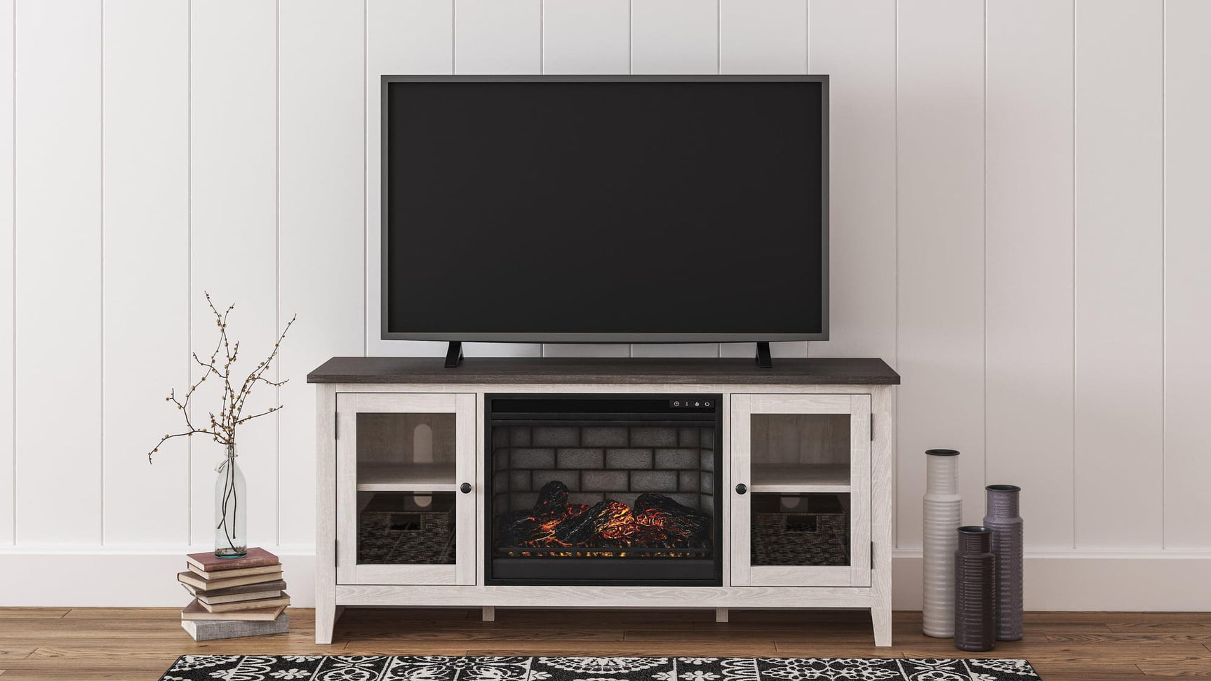 Dorrinson Two-Tone 60 inch TV Stand with Electric Fireplace front view