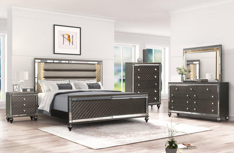 main view of Stars Charcoal LED Upholstered Panel Bedroom Set bed