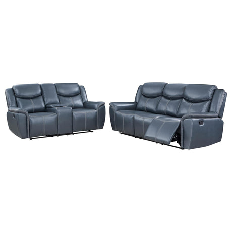 Sloane reclining sofa set in blue faux leather, front angle