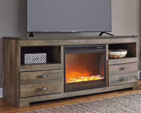 Trinell Brown 63 inch TV stand front view with electric fireplace