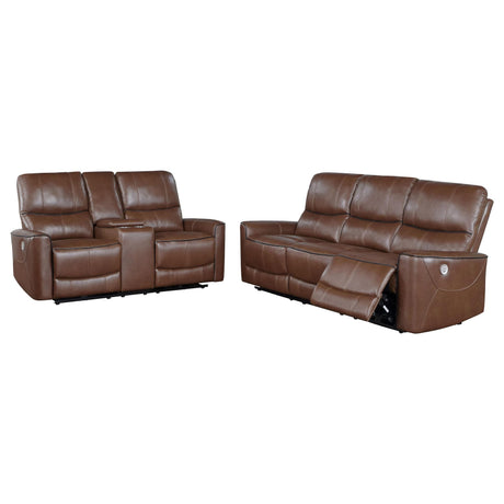 Greenfield 2-piece power reclining sofa in saddle brown leatherette front view
