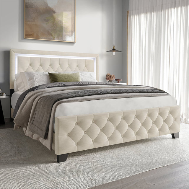Oluma Beige Upholstered Tufted Panel King Bed front view