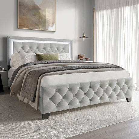 Oluma gray upholstered tufted panel full platform bed front view