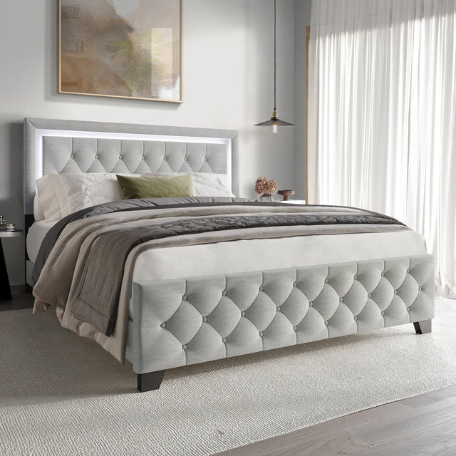 Oluma gray upholstered tufted panel full platform bed front view