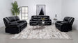 Camila black upholstered motion reclining sofa front view