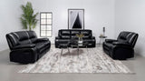Camila black upholstered motion reclining sofa front view