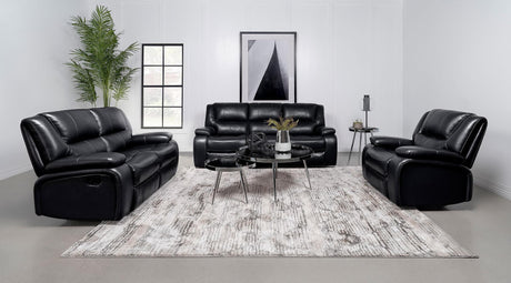 Camila black upholstered motion reclining sofa front view