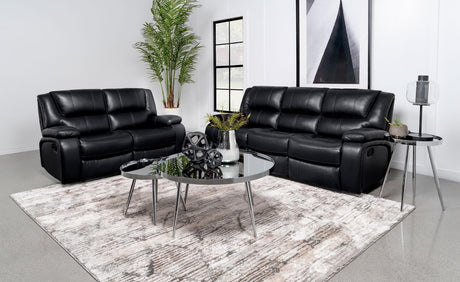Camila 2-piece black leatherette upholstered motion reclining sofa set front view