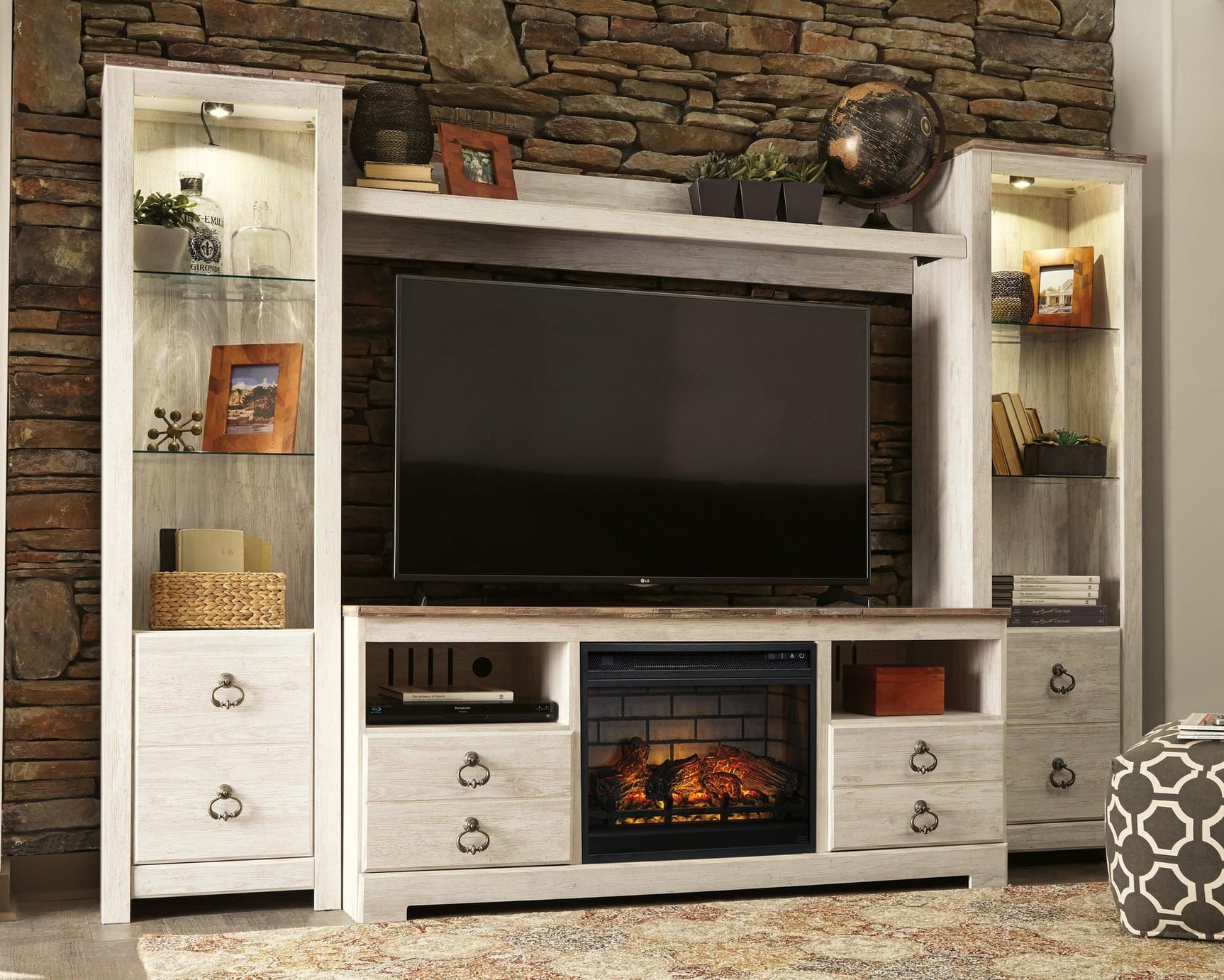 Willowton Whitewash 4-Piece Entertainment Center with Electric Fireplace full front view