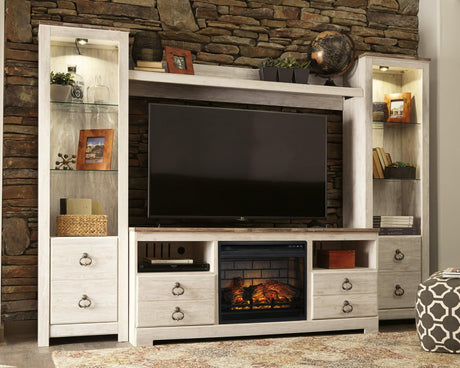 Willowton Whitewash 4-Piece Entertainment Center with Electric Fireplace full front view