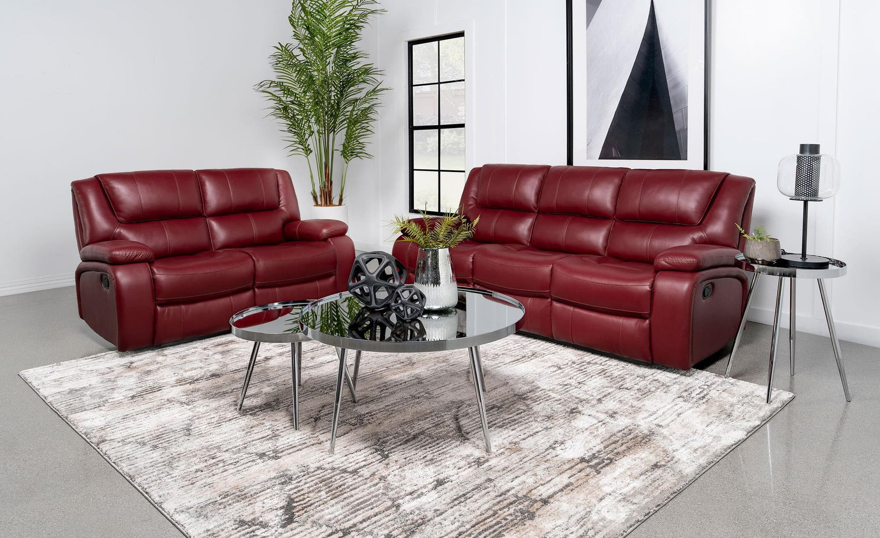 Camila red upholstered reclining sofa set front view