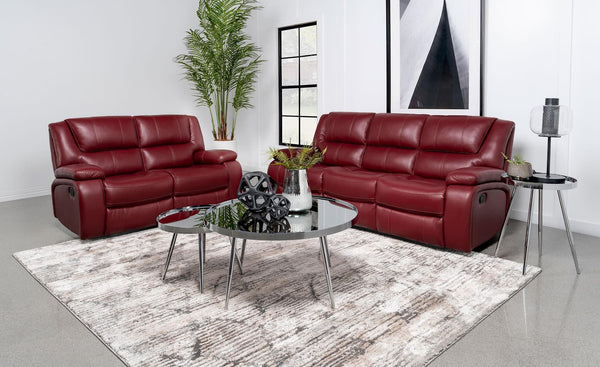 Camila red upholstered reclining sofa set front view