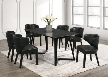 Front view of Hamilton Onyx black PU dining table with six chairs