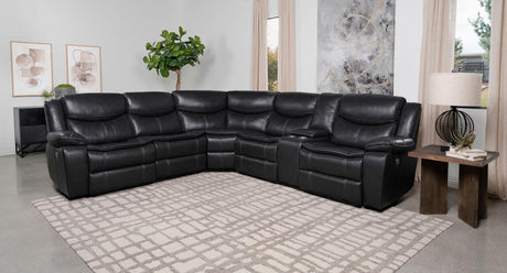Sycamore grey upholstered power reclining sectional sofa front view