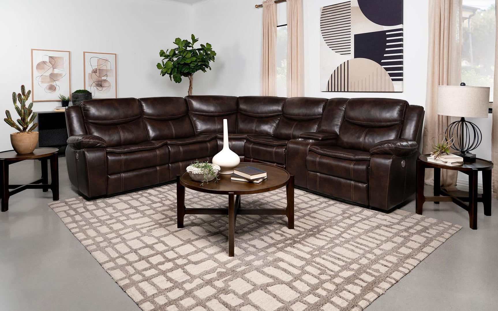 Sycamore Brown Upholstered Power Reclining Sectional Sofa front angle