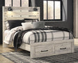 Cambeck Whitewash Queen Panel Bed front angle showing storage drawers