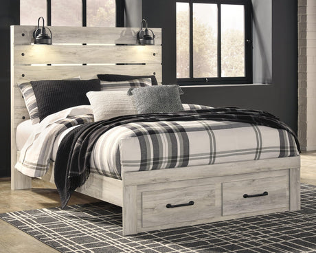 Cambeck Whitewash Queen Panel Bed front angle showing storage drawers