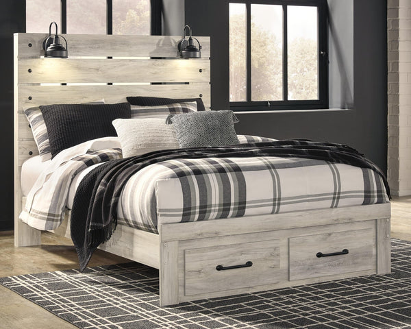 Cambeck Whitewash Queen Panel Bed front angle showing storage drawers