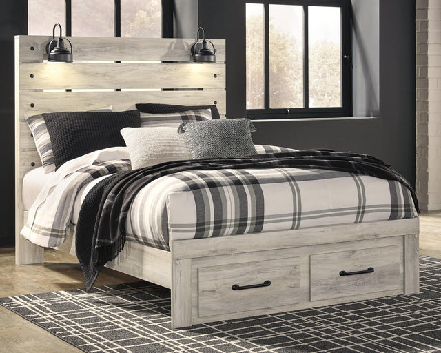 Cambeck Whitewash Queen Panel Bed front angle showing storage drawers