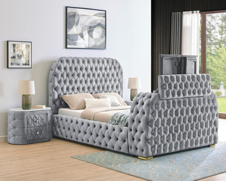 Natalia Gray Upholstered Tufted Panel King Bed front view