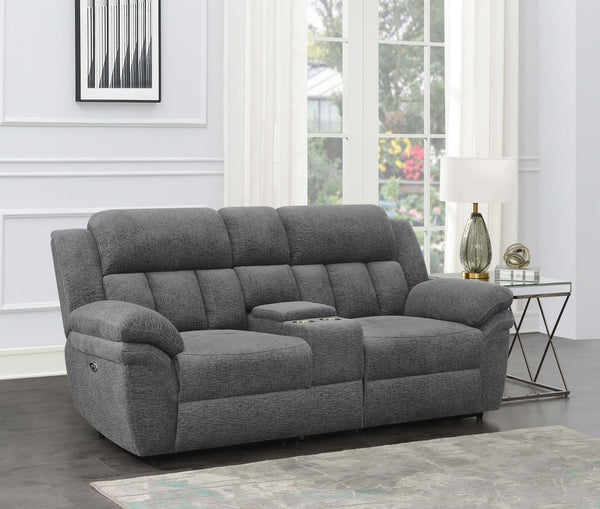 Bahrain Upholstered Power Reclining Loveseat Charcoal front angle