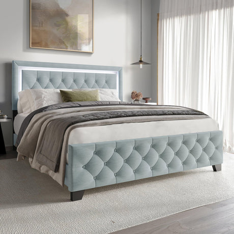 Oluma taupe upholstered tufted panel queen bed angled view