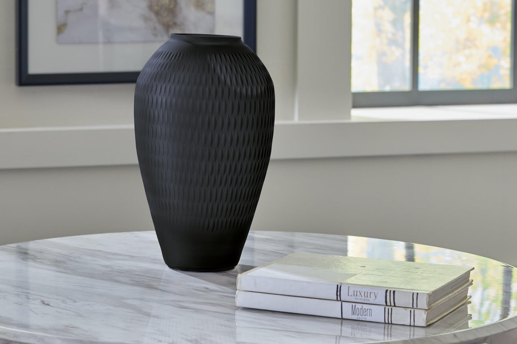 Etney Slate Glass Vase front angle showing cut-glass pattern