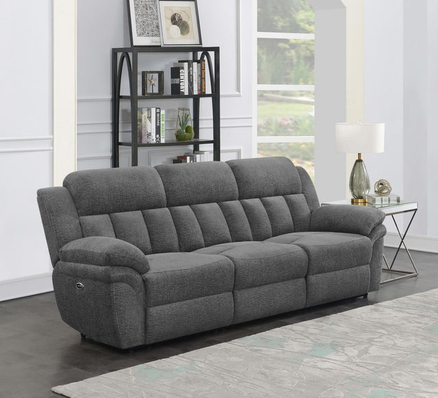 Bahrain charcoal upholstered power sofa, angled front view