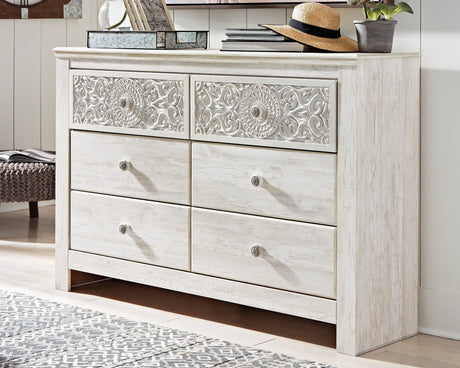 Paxberry whitewash dresser front view with 6 drawers