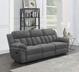 Bahrain charcoal upholstered dual recliner sofa angled view