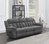 Bahrain charcoal upholstered dual recliner sofa angled view