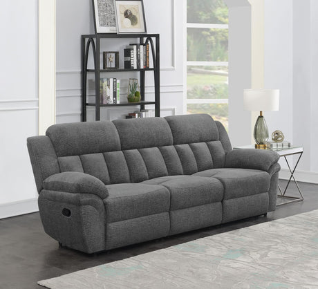 Bahrain charcoal upholstered dual recliner sofa angled view