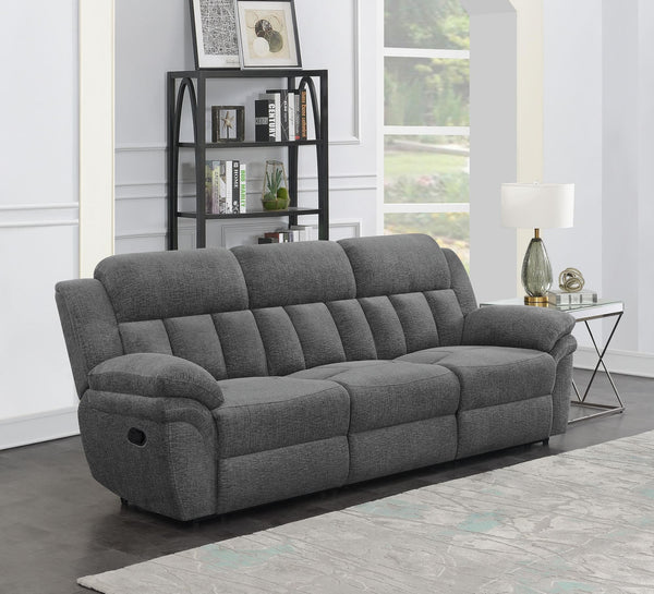 Bahrain charcoal upholstered dual recliner sofa angled view