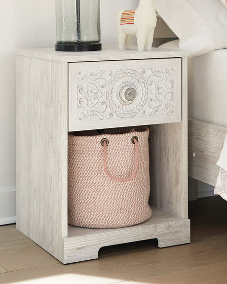 Paxberry Whitewash Nightstand front angle showing drawer closed