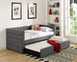 Trina Gray upholstered tufted twin daybed front angled view showing trundle and drawers