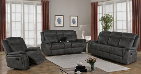 Lawrence 3-piece reclining sofa set in charcoal, front angled view