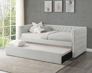 Trina Dove Gray Upholstered Tufted Trundle Daybed front angle