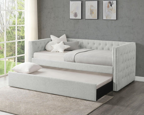 Trina Dove Gray Upholstered Tufted Trundle Daybed front angle