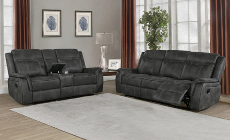 Lawrence reclining sofa in charcoal microfiber, angled view