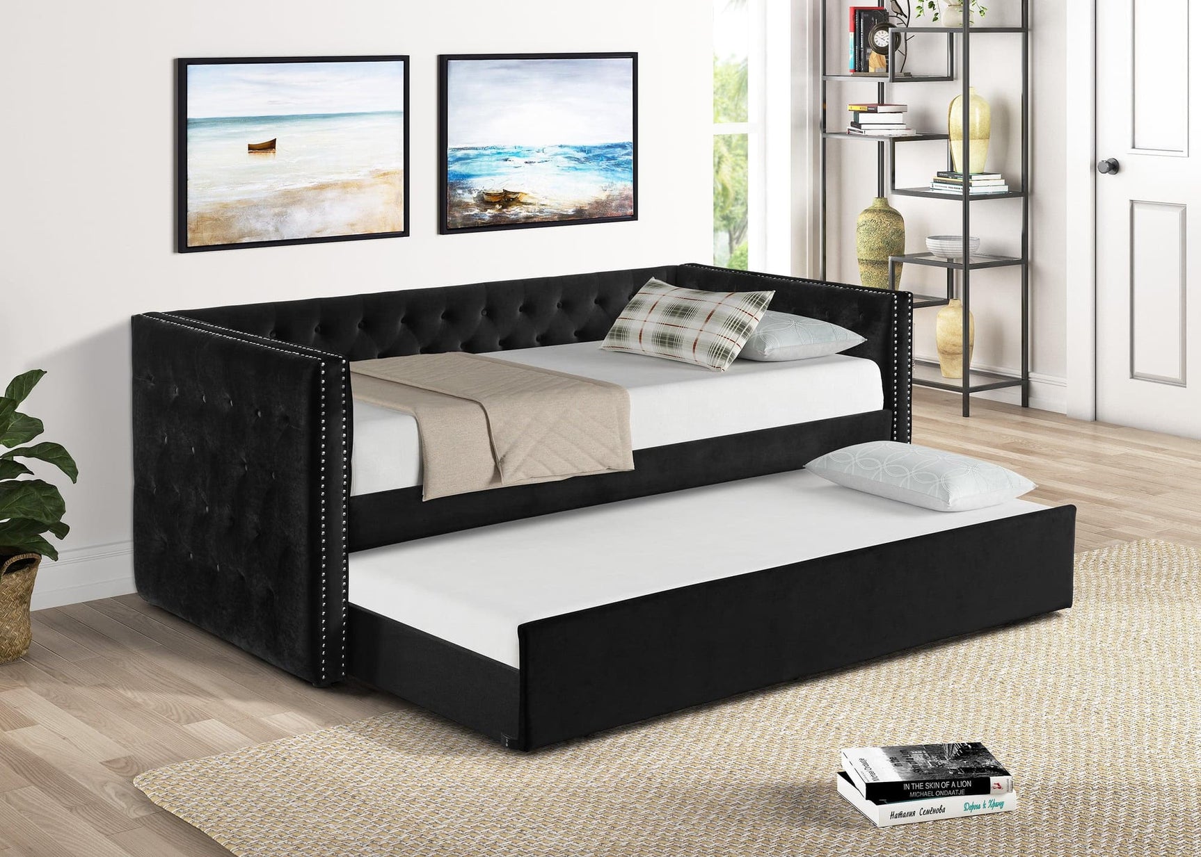 Trina black velvet tufted twin daybed with trundle, front angle