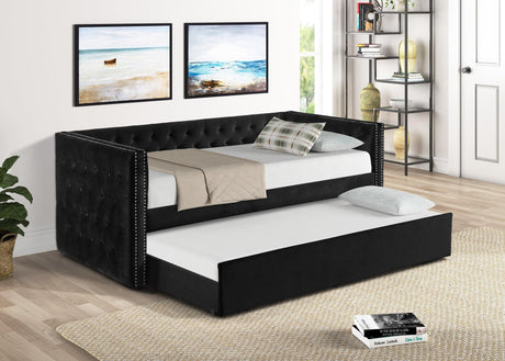 Trina black velvet tufted twin daybed with trundle, front angle